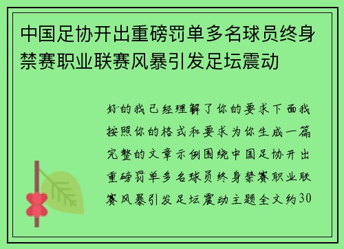 中国足协开出重磅罚单多名球员终身禁赛职业联赛风暴引发足坛震动 中国足协开出重磅罚单多名球员终身禁赛职业联赛风暴引发足坛震动